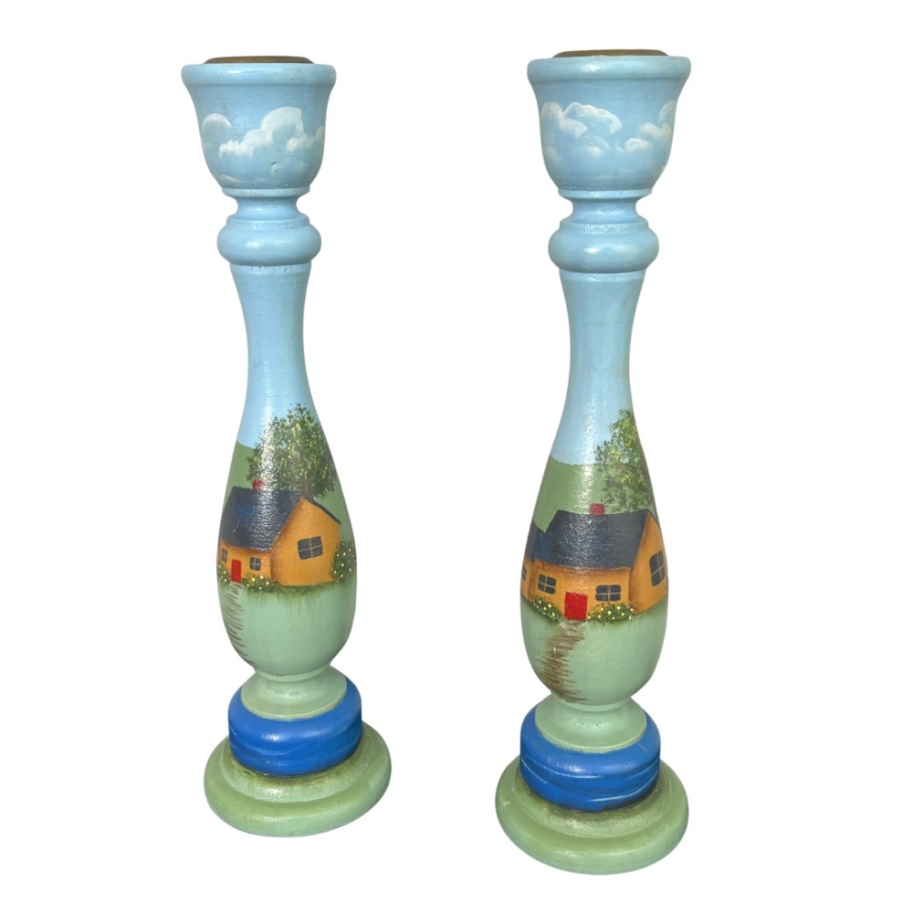 Hand‑Painted Folk Art Candlesticks • 9” Cottagecore Houses • Signed w/ Brass Top